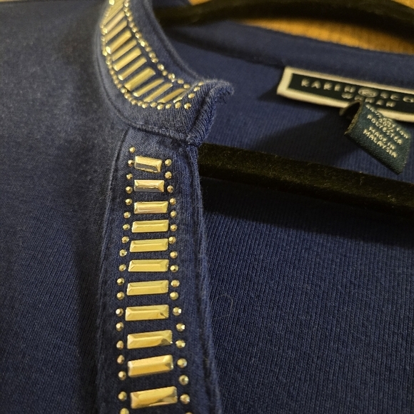 Blue Long Sleeve Tee with Embellished Neckline - Picture 4 of 5